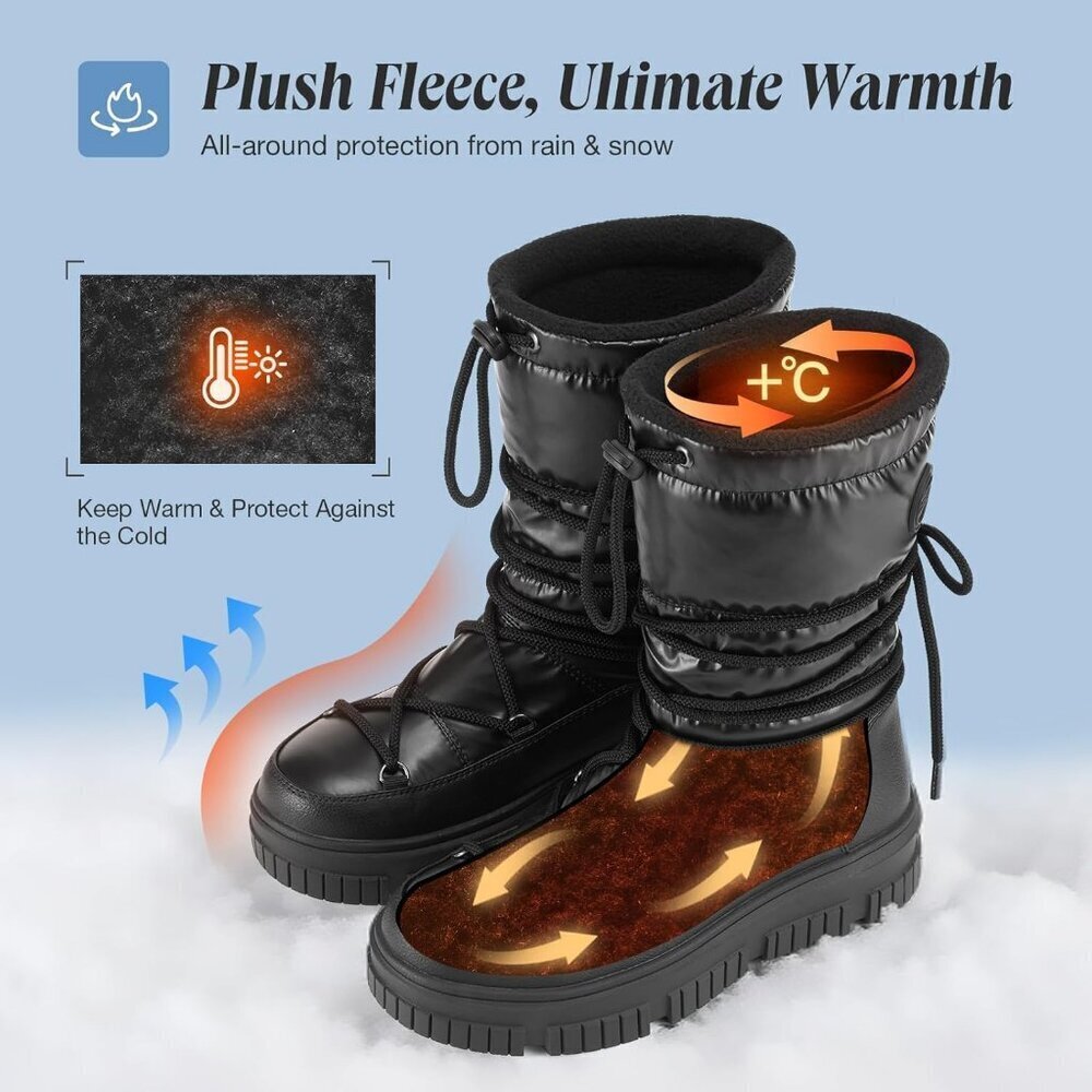 Women Black Waterproof Fleece Lined Rain Boots for Winter Cold Weather - Picture 2 of 8